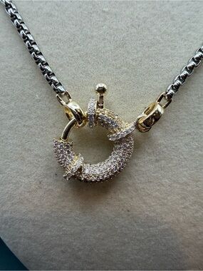 Two tone Gold and Silver Pavé Circle clasp Necklace